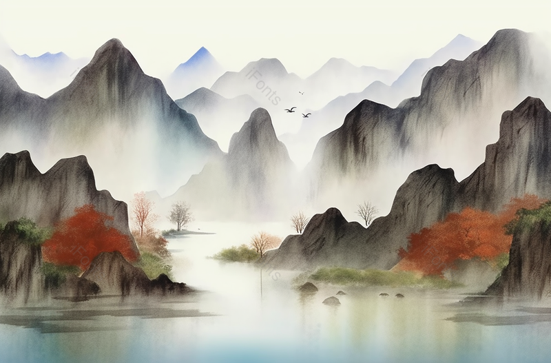 远处丛丛山脉新中式彩色水墨山水画,插画/手绘图,插画/手绘图库,插画/手绘图下载,插画/手绘